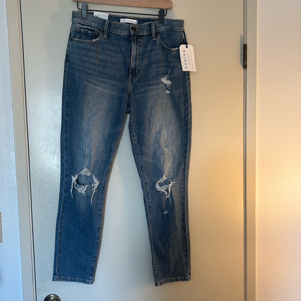 Eunina Blue High Rise Jeans with Distressed Details